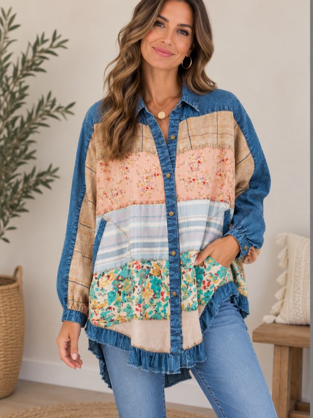 526. Women's Boho Patchwork Denim Floral Oversized Top